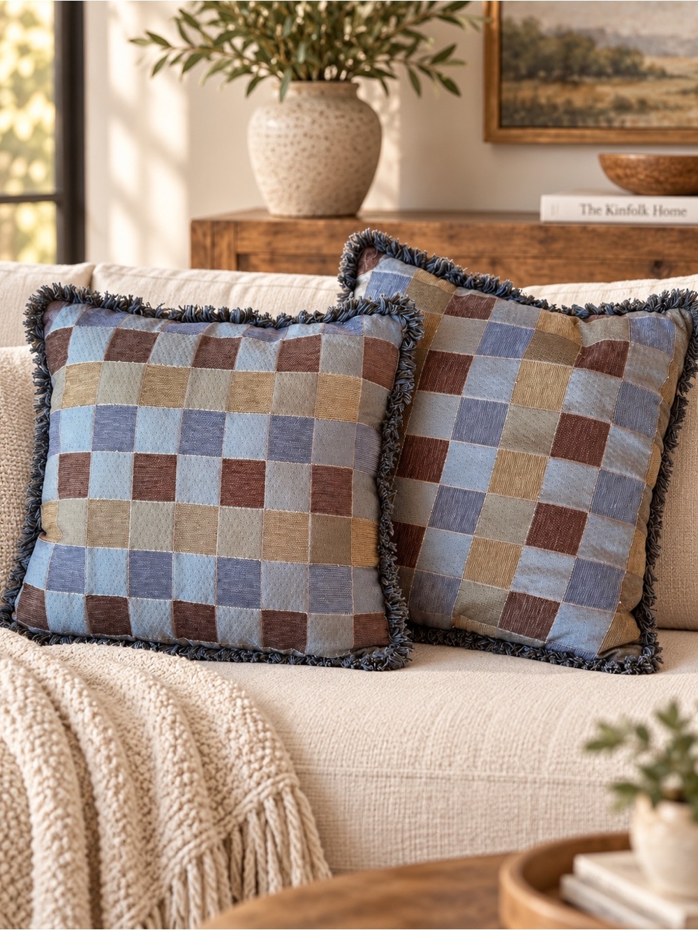 Blue, Brown & Tan Check Fringe Throw Pillow Set -